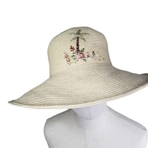 Cappelli‎ Straworld Straw Floppy Sun Hat Natural Embroidered Palm Tree Scene